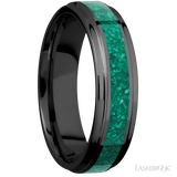 6 mm wide/Flat Grooved Edges/Zirconium band with one 3 mm Centered inlay of Malachite.