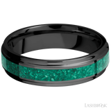 6 mm wide/Flat Grooved Edges/Zirconium band with one 3 mm Centered inlay of Malachite.