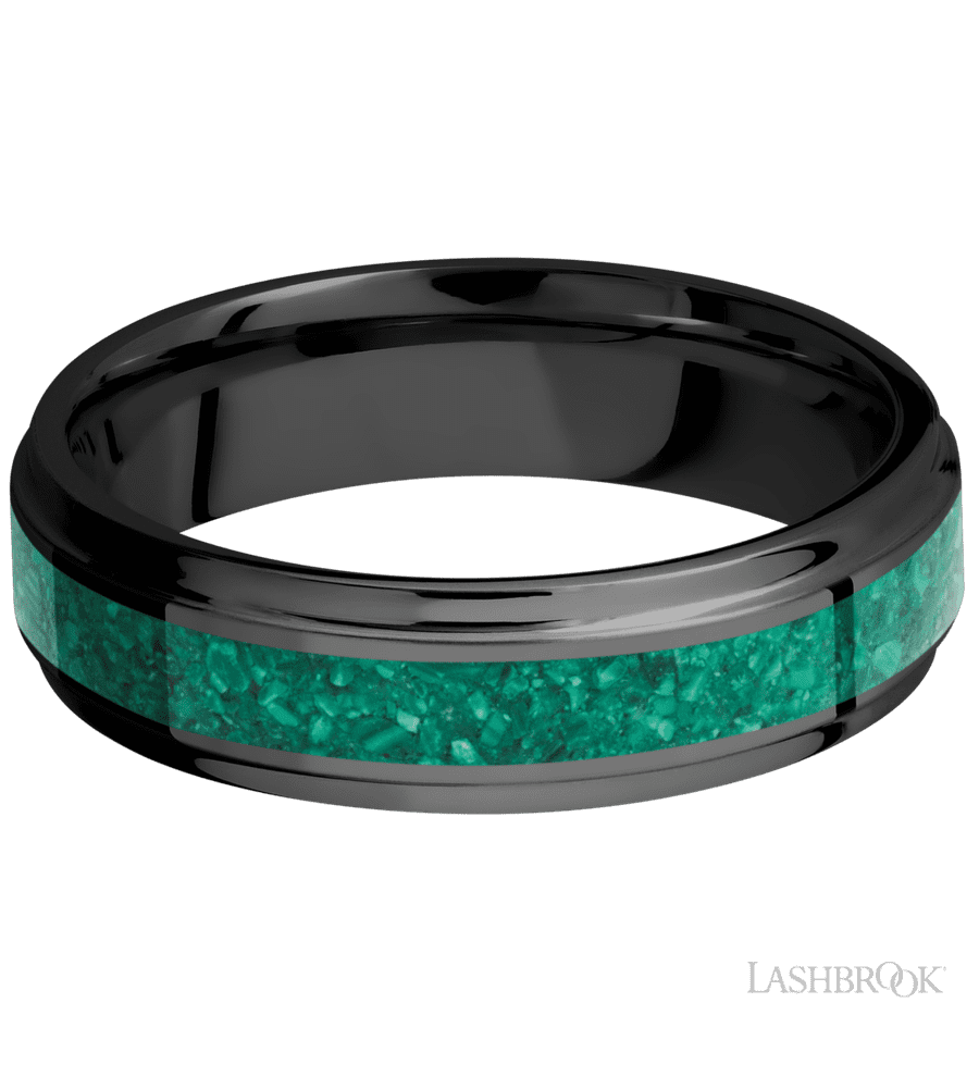 6 mm wide/Flat Grooved Edges/Zirconium band with one 3 mm Centered inlay of Malachite.