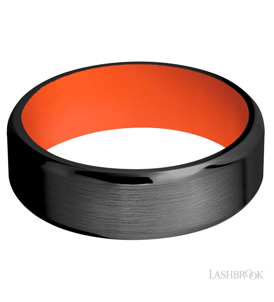 7 mm wide Beveled Zirconium band featuring a Hunter Orange sleeve.