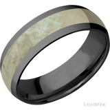 7 mm wide/Domed/Zirconium band with one 4 mm Centered inlay of Freshwater Mother of Pearl.