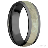7 mm wide/Domed/Zirconium band with one 4 mm Centered inlay of Freshwater Mother of Pearl.