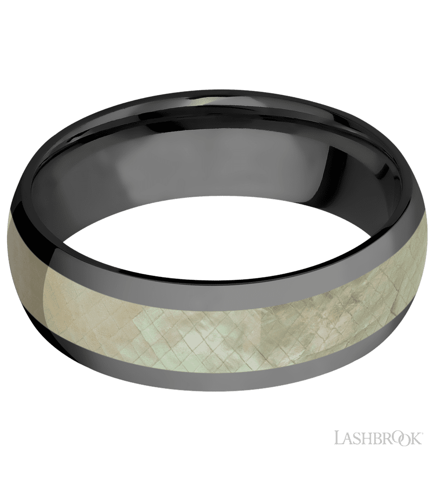 7 mm wide/Domed/Zirconium band with one 4 mm Centered inlay of Freshwater Mother of Pearl.