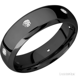 7 mm wide/Domed Bevel/Zirconium band with a 6X Even arrangement of .07 carat Round Diamond stones in a Flush setting.