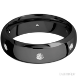 7 mm wide/Domed Bevel/Zirconium band with a 6X Even arrangement of .07 carat Round Diamond stones in a Flush setting.
