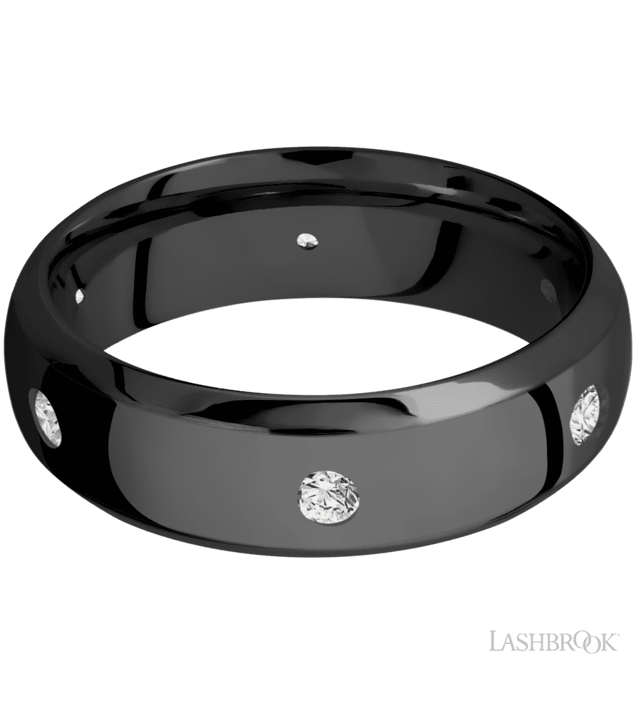 7 mm wide/Domed Bevel/Zirconium band with a 6X Even arrangement of .07 carat Round Diamond stones in a Flush setting.