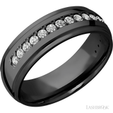 7 mm wide/Domed Stepped Down Edges/Zirconium band with a Half Eternity arrangement of .03 carat Round Diamond stones in a Bead setting.