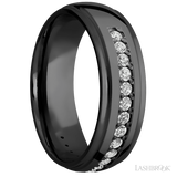 7 mm wide/Domed Stepped Down Edges/Zirconium band with a Half Eternity arrangement of .03 carat Round Diamond stones in a Bead setting.