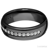 7 mm wide/Domed Stepped Down Edges/Zirconium band with a Half Eternity arrangement of .03 carat Round Diamond stones in a Bead setting.