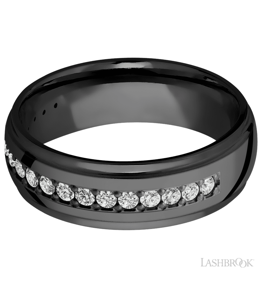 7 mm wide/Domed Stepped Down Edges/Zirconium band with a Half Eternity arrangement of .03 carat Round Diamond stones in a Bead setting.