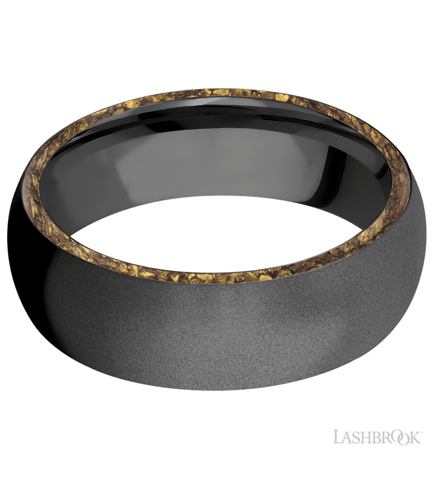 7 mm wide/Domed/Zirconium band with two 1 mm Side inlays of Alaskan Gold Nugget.