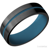 7 mm wide/Flat/Zirconium band with one 1 mm Centered inlay of Royal Blue also featuring a Royal Blue sleeve.