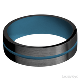 7 mm wide/Flat/Zirconium band with one 1 mm Centered inlay of Royal Blue also featuring a Royal Blue sleeve.