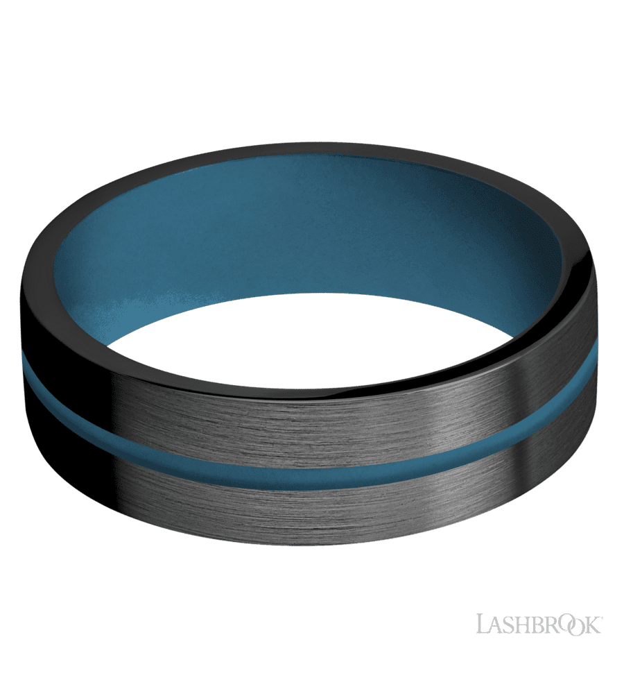 7 mm wide/Flat/Zirconium band with one 1 mm Centered inlay of Royal Blue also featuring a Royal Blue sleeve.