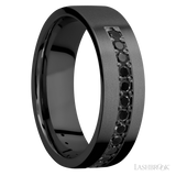 7 mm wide/Flat/Zirconium band with a Half Eternity arrangement of .03 carat Round Black Diamond stones in a Bead setting.