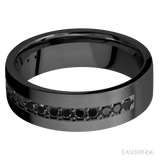 7 mm wide/Flat/Zirconium band with a Half Eternity arrangement of .03 carat Round Black Diamond stones in a Bead setting.