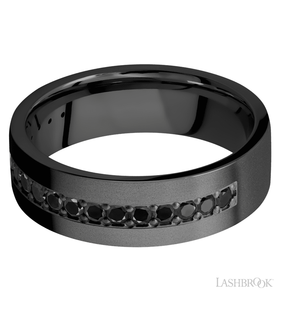 7 mm wide/Flat/Zirconium band with a Half Eternity arrangement of .03 carat Round Black Diamond stones in a Bead setting.