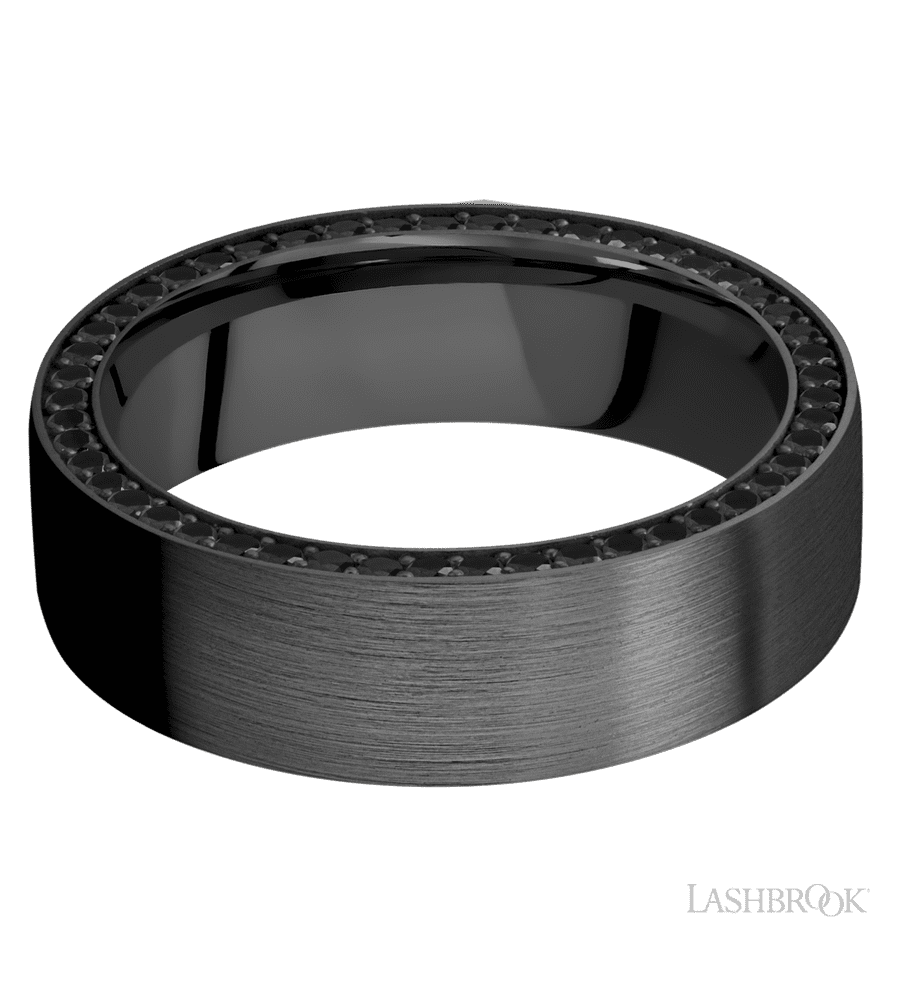 7 mm wide/Flat/Zirconium band with a Side Eternity arrangement of .01 carat Round Black Diamond stones in a Bead setting.