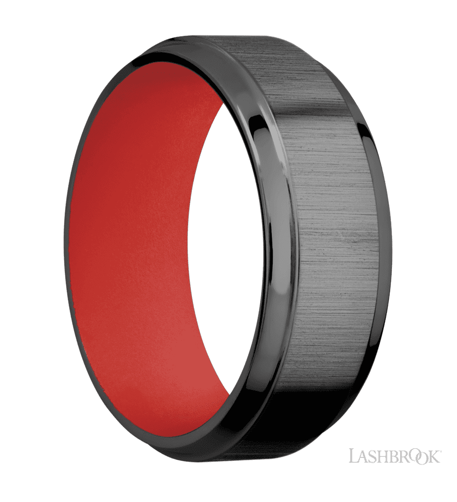 8 mm wide Stepped Bevel Zirconium band featuring a USMC Red sleeve.