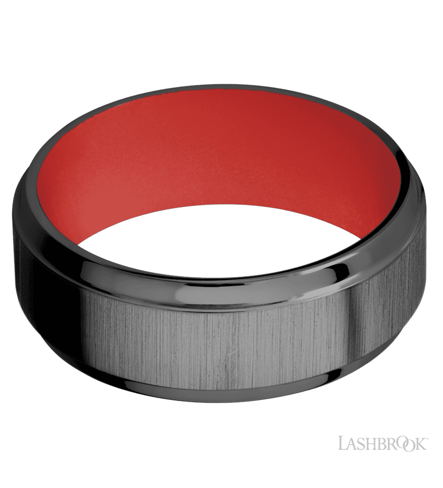 8 mm wide Stepped Bevel Zirconium band featuring a USMC Red sleeve.