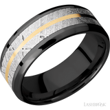 8 mm wide/Beveled/Zirconium band featuring inlays of Meteorite and 14K Yellow Gold.
