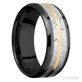 8 mm wide/Beveled/Zirconium band featuring inlays of Meteorite and 14K Yellow Gold.