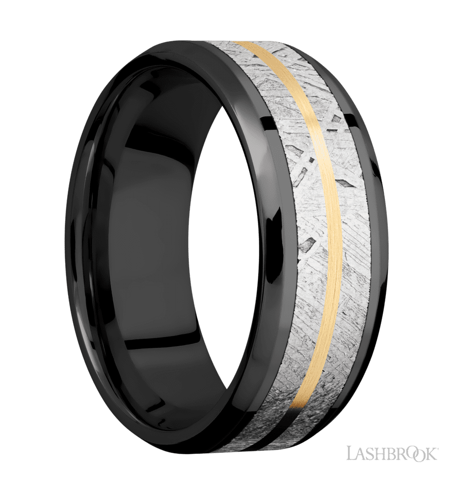 8 mm wide/Beveled/Zirconium band featuring inlays of Meteorite and 14K Yellow Gold.
