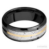 8 mm wide/Beveled/Zirconium band featuring inlays of Meteorite and 14K Yellow Gold.