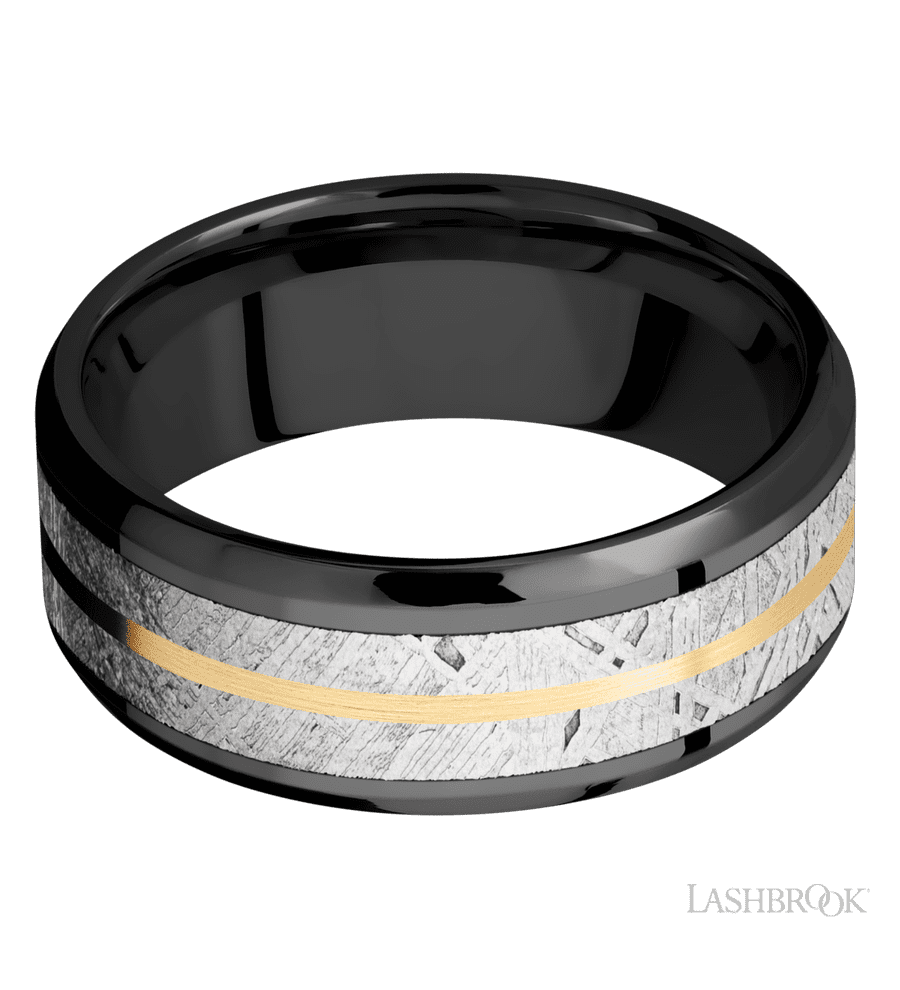 8 mm wide/Beveled/Zirconium band featuring inlays of Meteorite and 14K Yellow Gold.