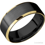 8 mm wide/Beveled/Zirconium band with two 1 mm Edge inlays of 14K Yellow Gold.