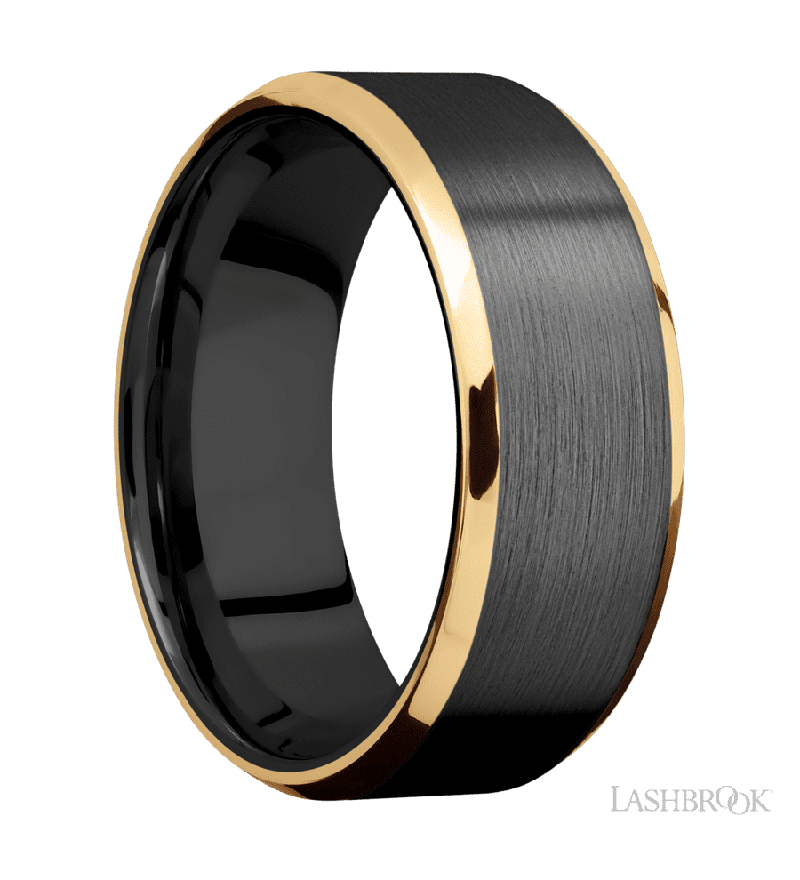 8 mm wide/Beveled/Zirconium band with two 1 mm Edge inlays of 14K Yellow Gold.
