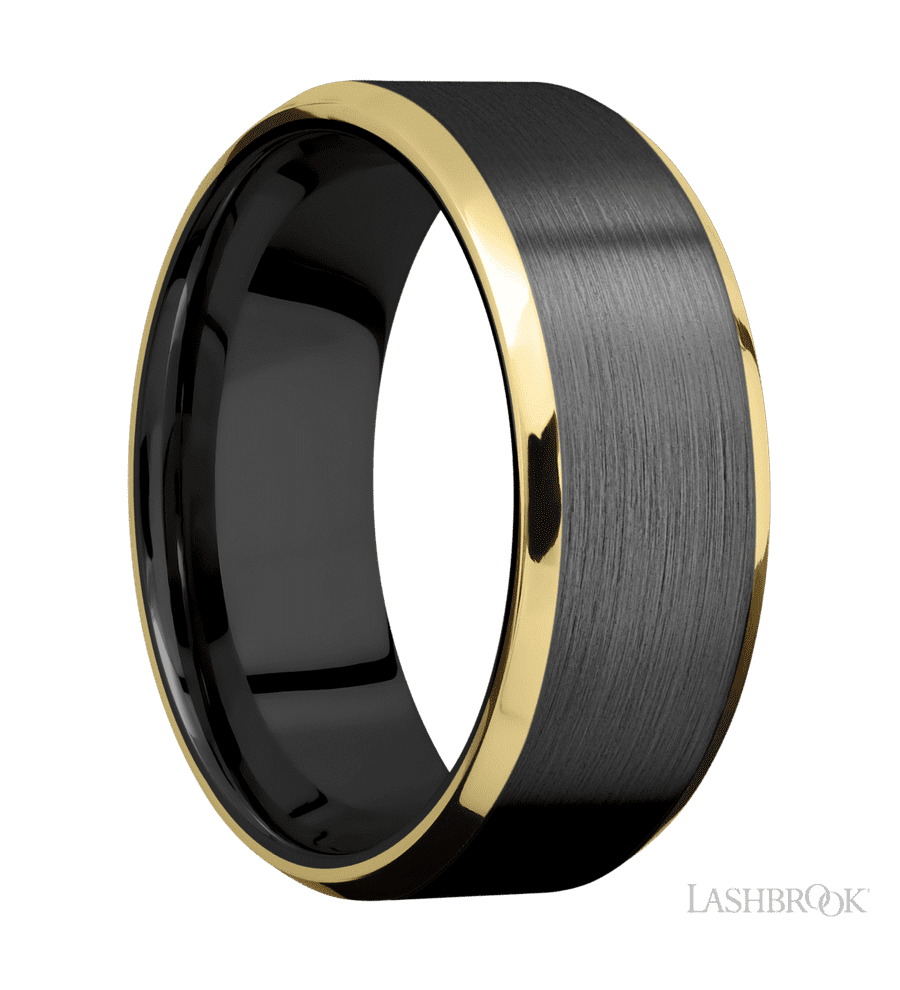 8 mm wide/Beveled/Zirconium band with two 1 mm Edge inlays of 14K Yellow Gold.