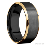 8 mm wide/Beveled/Zirconium band with two 1 mm Edge inlays of 14K Yellow Gold.