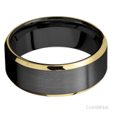 8 mm wide/Beveled/Zirconium band with two 1 mm Edge inlays of 14K Yellow Gold.