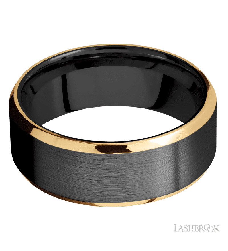 8 mm wide/Beveled/Zirconium band with two 1 mm Edge inlays of 14K Yellow Gold.