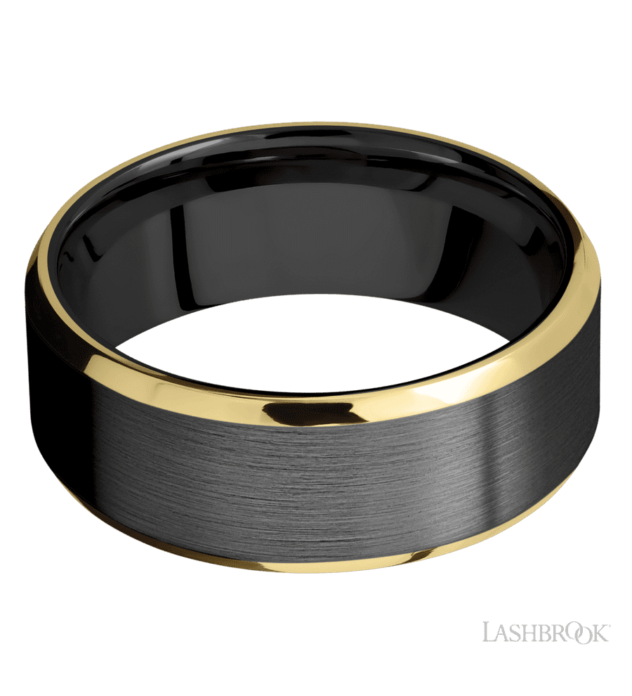 8 mm wide/Beveled/Zirconium band with two 1 mm Edge inlays of 14K Yellow Gold.