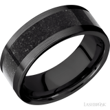 8 mm wide/Flat/Zirconium band with one 5 mm Centered inlay of Dinosaur Bone Black.