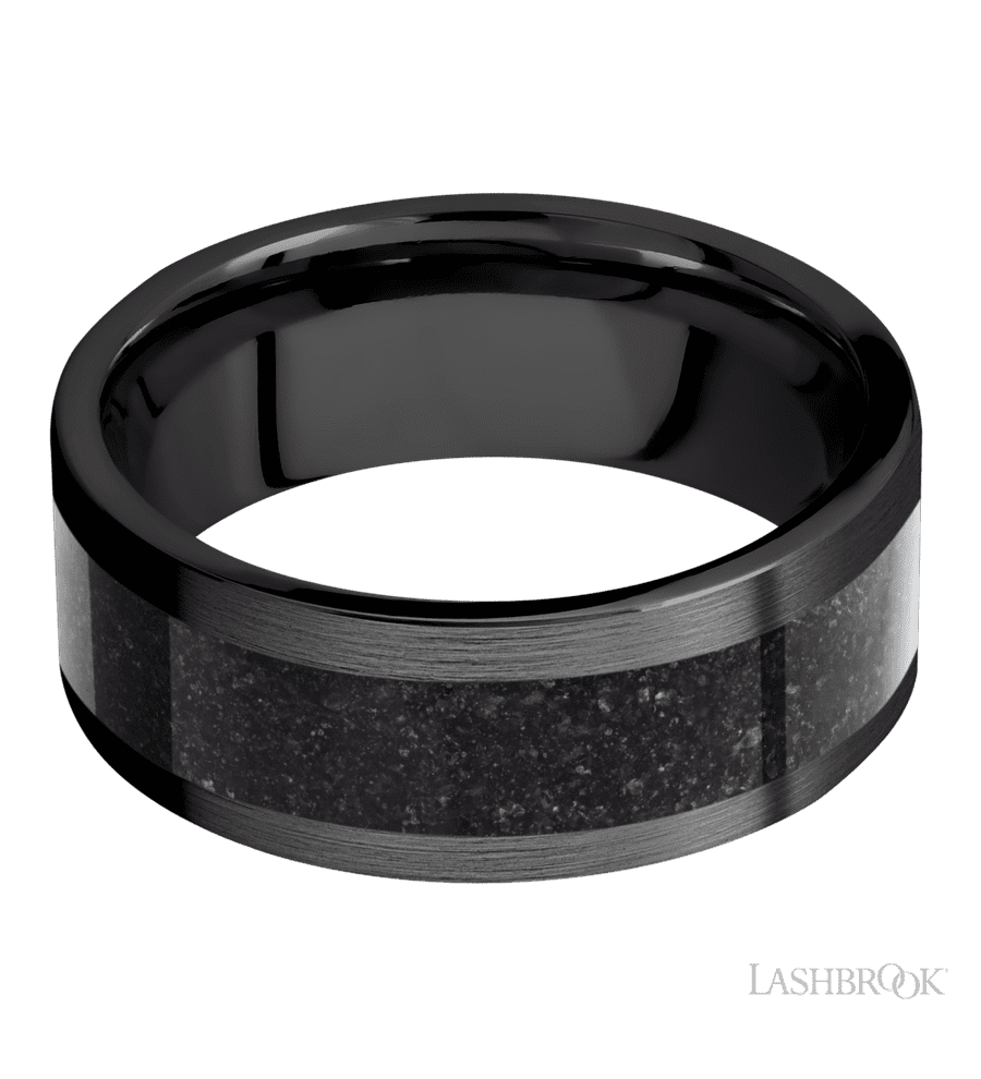 8 mm wide/Flat/Zirconium band with one 5 mm Centered inlay of Dinosaur Bone Black.