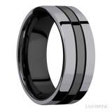 8 mm wide/Flat/Zirconium band with two 3 mm Double Off Center Edge inlays of Tantalum.