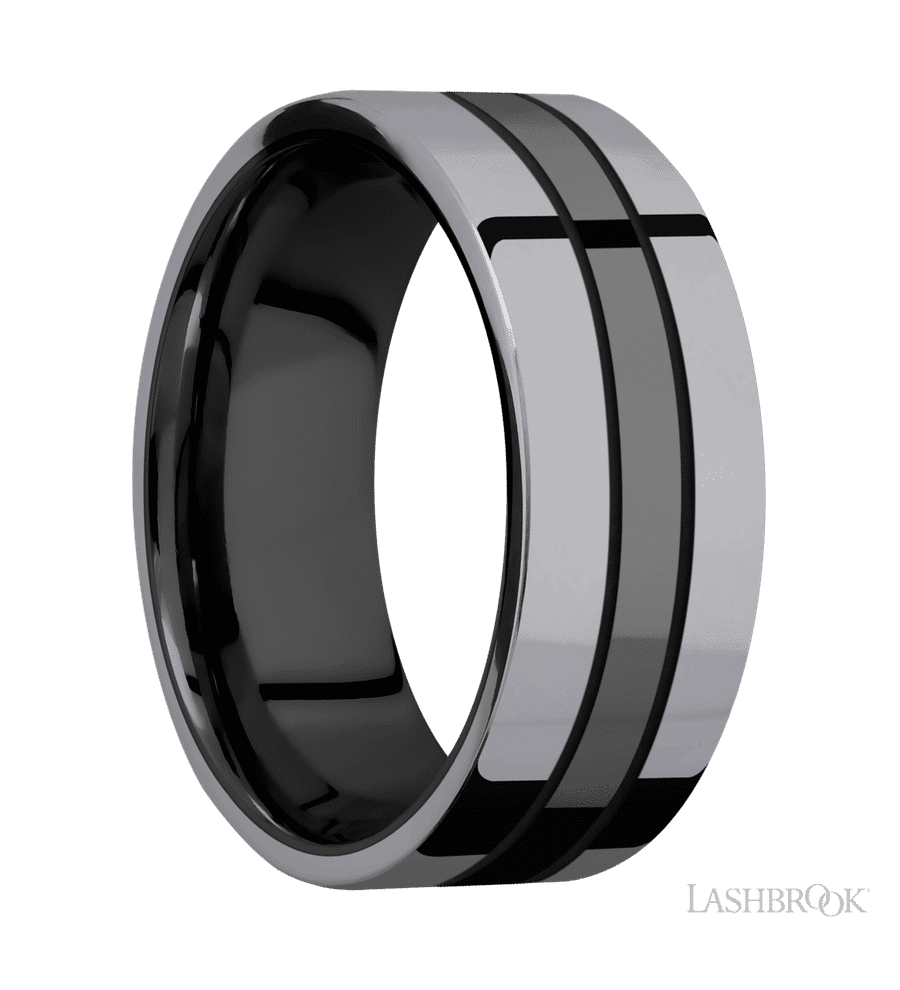 8 mm wide/Flat/Zirconium band with two 3 mm Double Off Center Edge inlays of Tantalum.