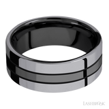 8 mm wide/Flat/Zirconium band with two 3 mm Double Off Center Edge inlays of Tantalum.