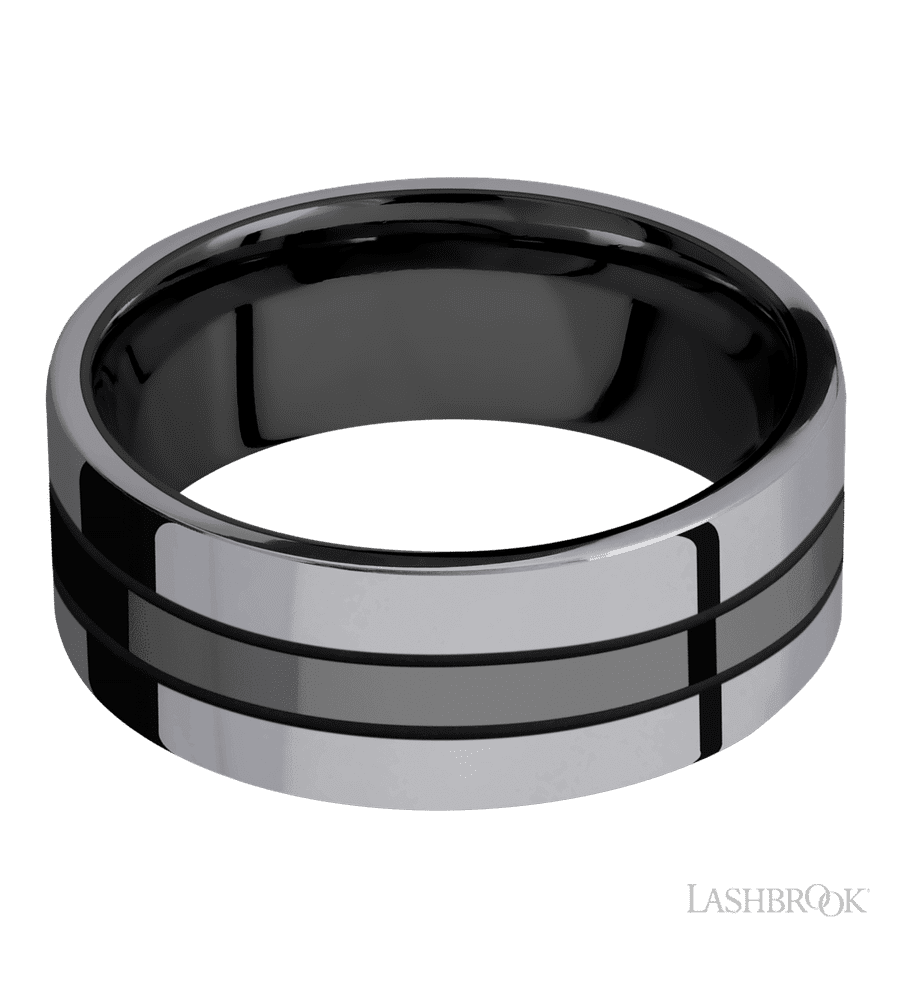 8 mm wide/Flat/Zirconium band with two 3 mm Double Off Center Edge inlays of Tantalum.