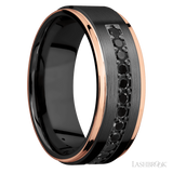 8 mm wide/Flat Grooved Edges/Zirconium band with a Half Eternity arrangement of .03 carat Round Black Diamond stones in a Bead setting and featuring two 1 mm Edge inlays of 14K Rose Gold