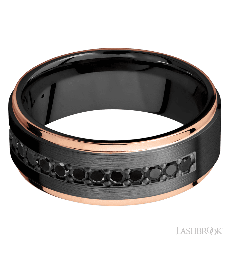 8 mm wide/Flat Grooved Edges/Zirconium band with a Half Eternity arrangement of .03 carat Round Black Diamond stones in a Bead setting and featuring two 1 mm Edge inlays of 14K Rose Gold