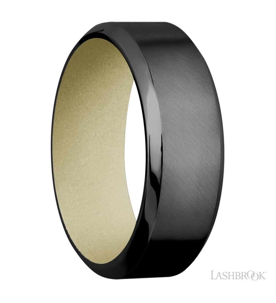 8 mm wide High Bevel Zirconium band featuring a Bright Nickel sleeve.