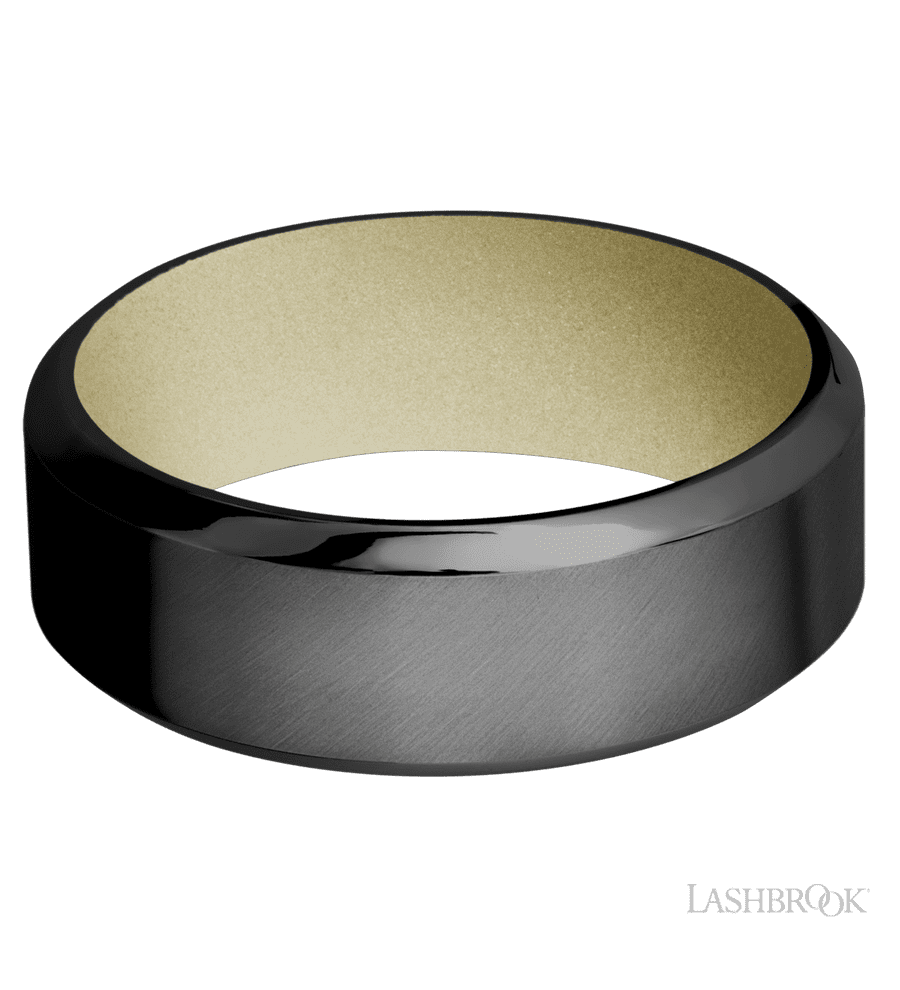 8 mm wide High Bevel Zirconium band featuring a Bright Nickel sleeve.