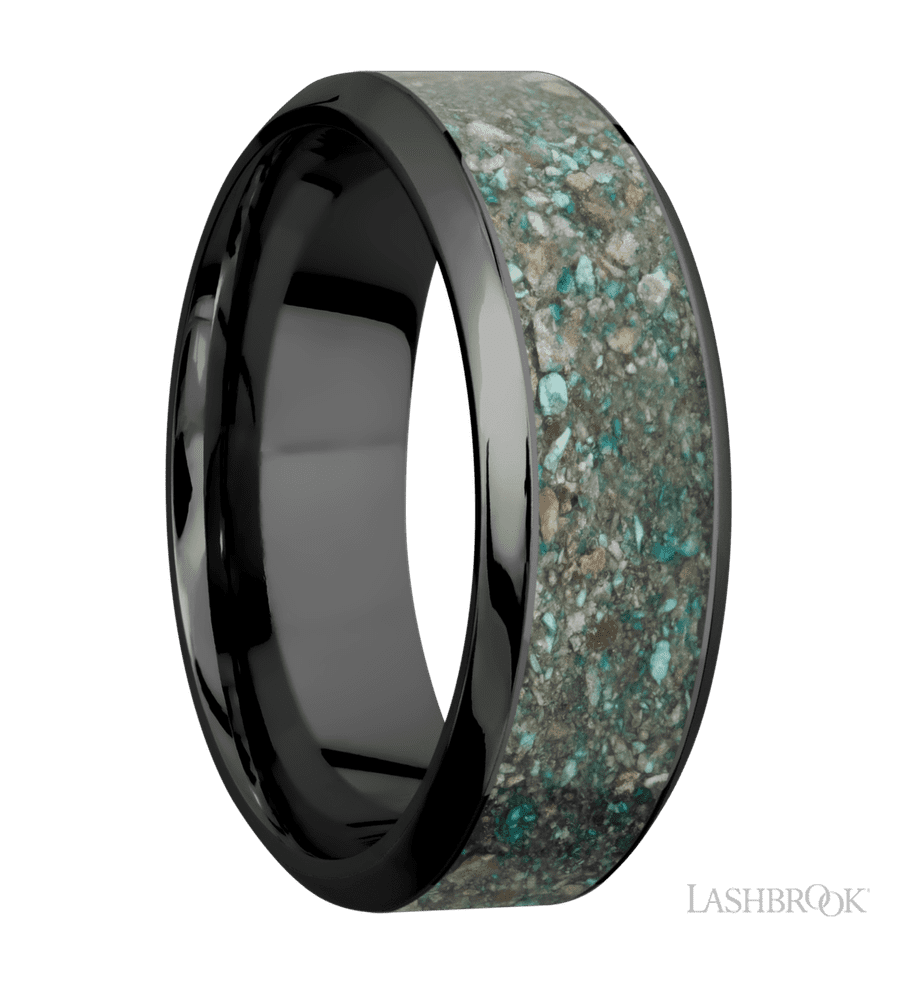 8 mm wide/High Bevel/Zirconium band with one 5 mm Centered inlay of Ocean Jasper.