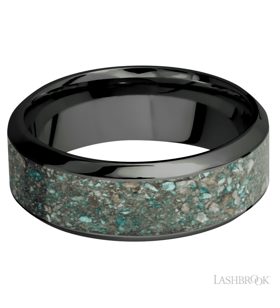8 mm wide/High Bevel/Zirconium band with one 5 mm Centered inlay of Ocean Jasper.