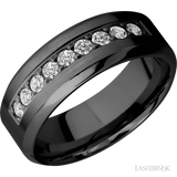 8 mm wide/High Bevel/Zirconium band with an  arrangement of 9, .05 carat Round Diamond stones in a Bead setting.