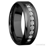 8 mm wide/High Bevel/Zirconium band with an  arrangement of 9, .05 carat Round Diamond stones in a Bead setting.